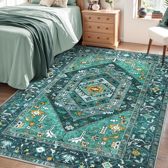 SERISSA 4x6 Boho Bedroom Rug, Washable Non Slip Vintage Teal Area Rugs by SERISSAHomeDecorCollection