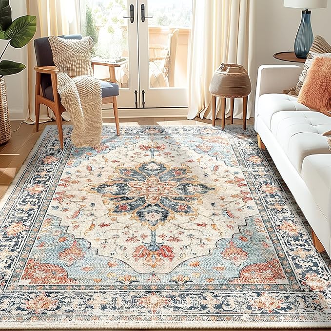 Area Rugs 5'x7' Washable Non-Slip, Floral Vintage Distress Print Pattern by RELEANY