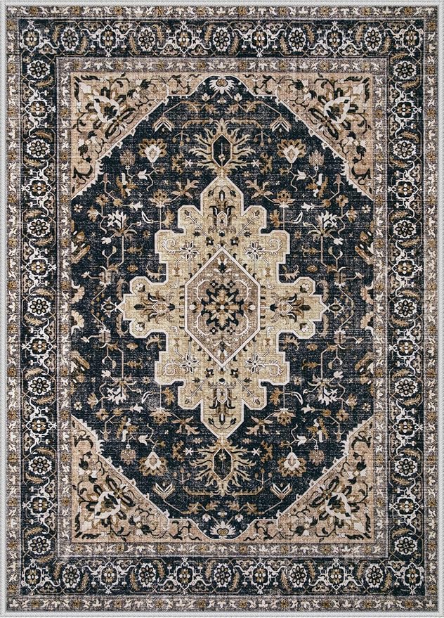 Area Rugs 5x7 Vintage Rug: Washable Living Room Rug Retro Medallion Distressed - Image 8