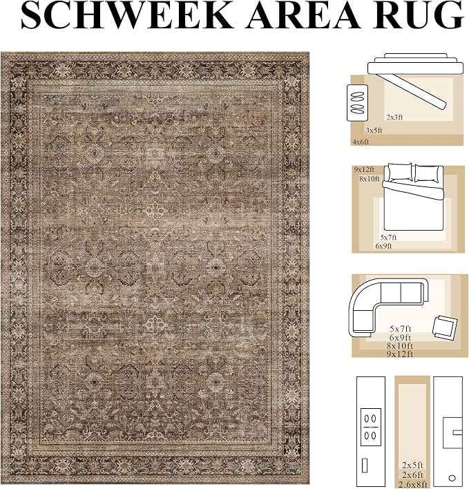 Schweek 6x9 Brown Washable Area Rugs Non Slip Vintage Rug - Image 2