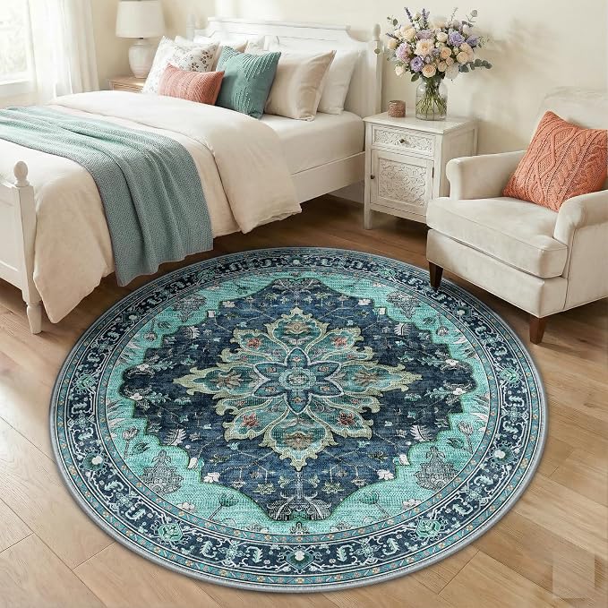 RELEANY Area Rugs 5ft Washable Non-Slip, Floral Vintage Distress Print Pattern by RELEANY