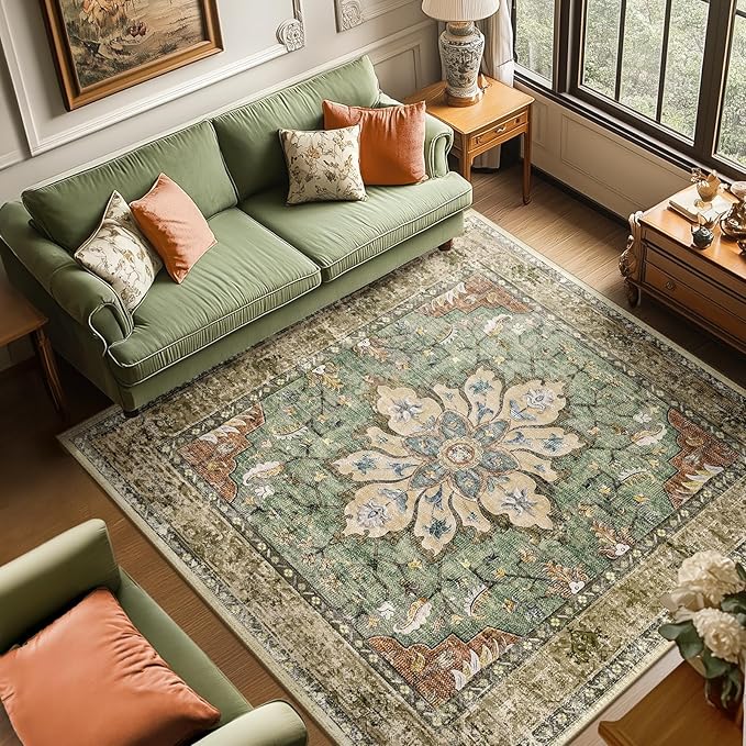 Area Rugs Square 6ft Washable Non-Slip, Floral Vintage Distress Print Pattern by RELEANY