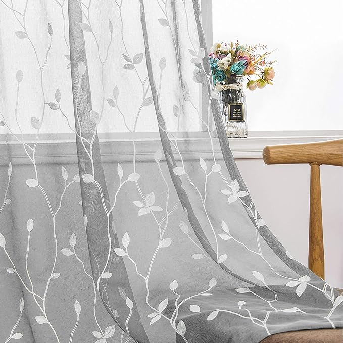 AmHoo 2 Panels Embroidered Leaf Pattern Semi Sheer Curtains Foliage Floral by AmHootextile