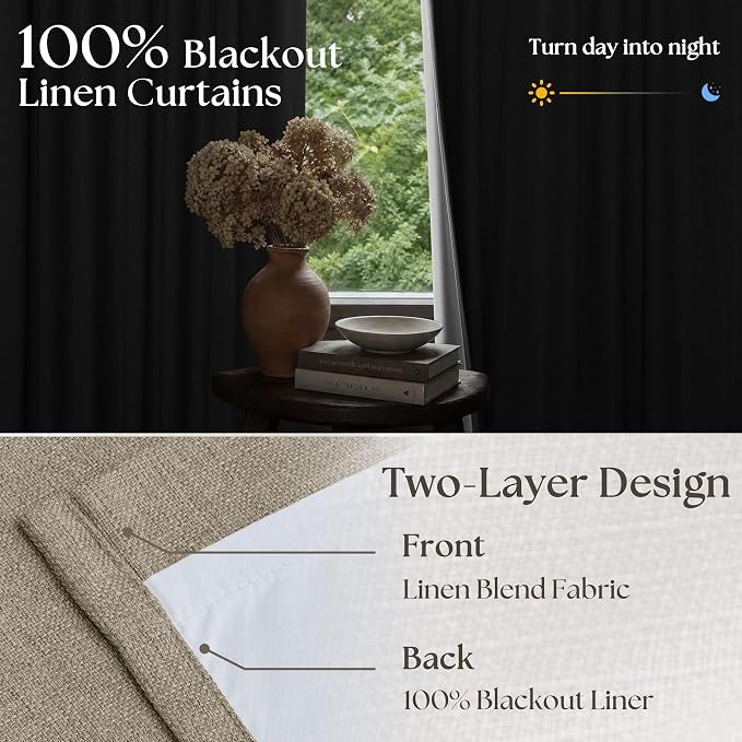 Greige Flax Linen Pinch Pleated Blackout Curtains 86 Inches Long | 100% Black - Image 2