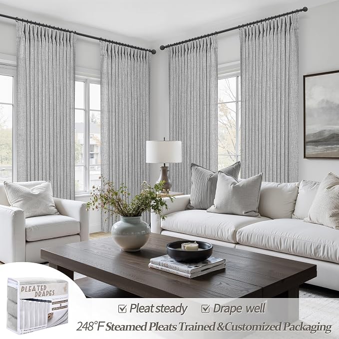 Linen Textured Sheer Light Grey Curtains 102 Inches Long - Image 4
