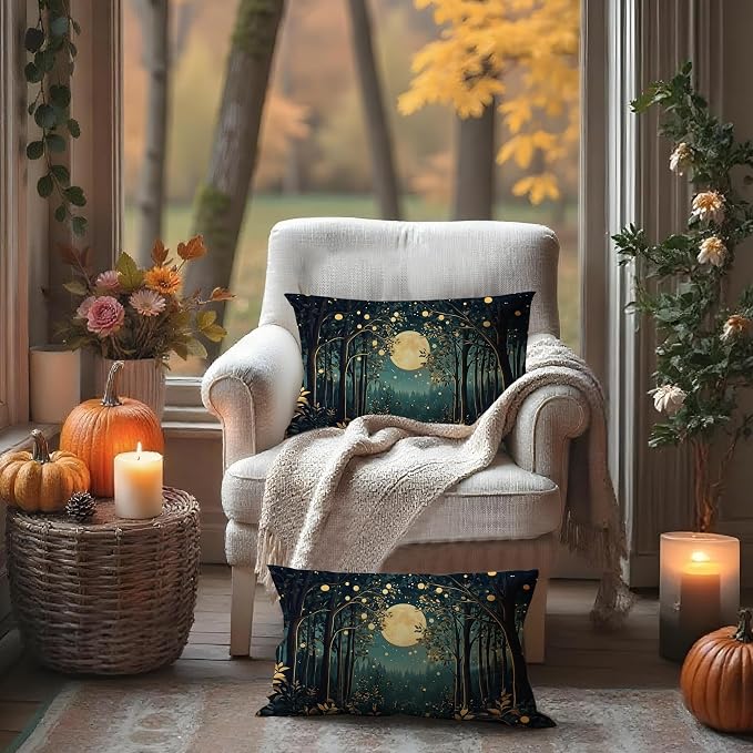Rustic William Morris Inspired Night Moon Forest Decor Pillow Covers 18x18 Set - Image 3