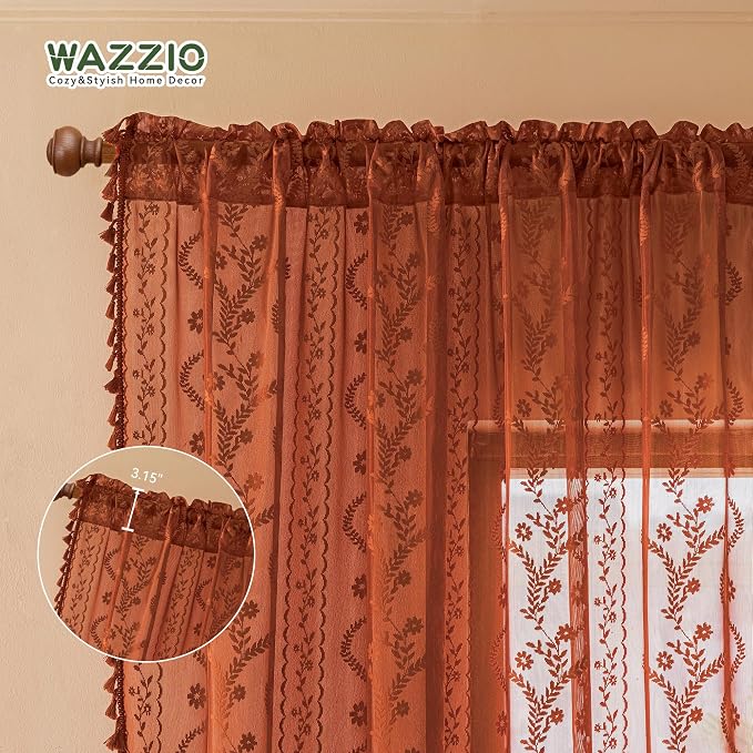 WAZZIO Boho Lace Curtains 108 Inch 2 Panels-Vintage Sheer Panel Drape Floral - Image 6