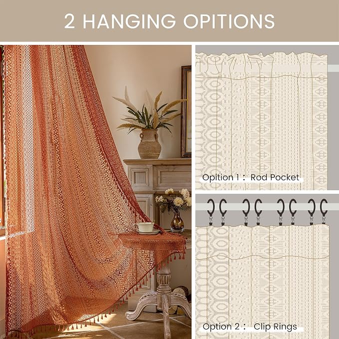 WAZZIO Burnt Orange Curtains Sheer 45 Inch Length Bedroom Short Small Cafe Rod - Image 9