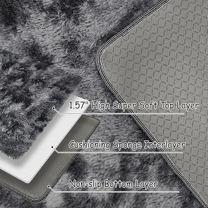 Tie-Dyed Runner Rug for Bedroom Black Grey 2x6ft Fluffy Area Rug Bedside Runner - Image 3