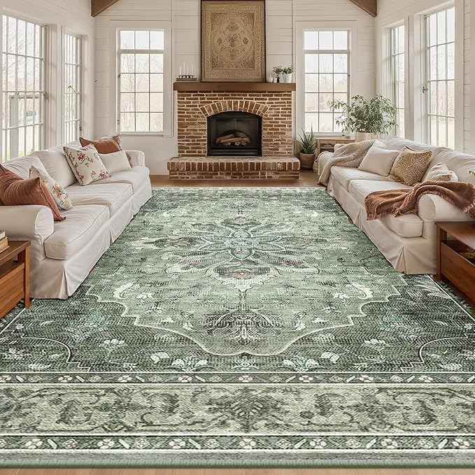 Area Rugs 10'x12' Washable Non-Slip, Floral Vintage Distress Print Pattern by RELEANY