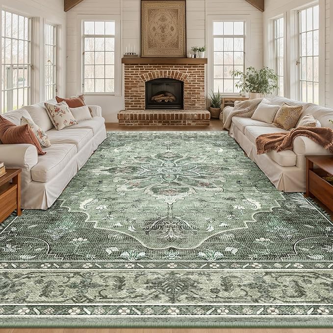 Area Rugs 10'x14' Washable Non-Slip, Floral Vintage Distress Print Pattern by RELEANY