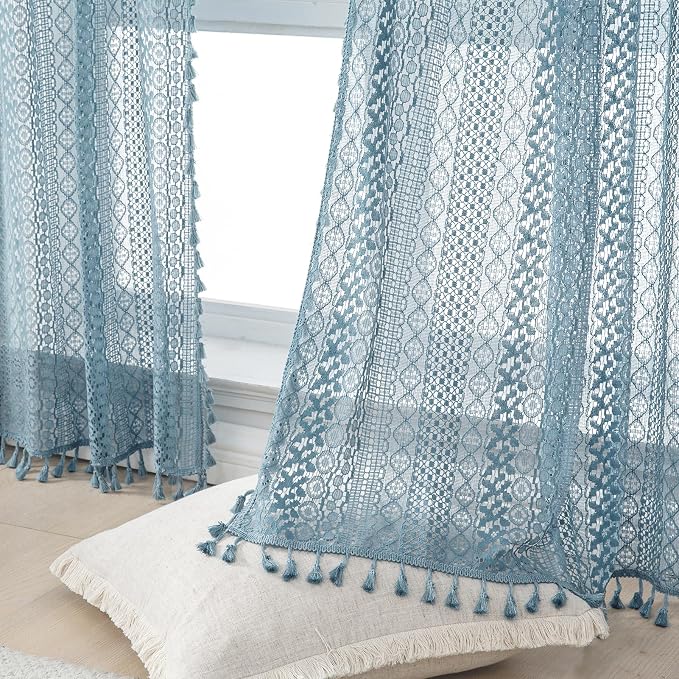 WAZZIO Boho Lace Curtains 84 Inches 2 Panel, Light Filtering Privacy Tassel & by WAZZIO
