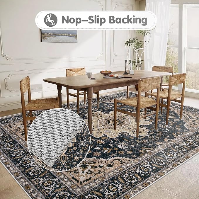 Area Rugs 5x7 Vintage Rug: Washable Living Room Rug Retro Medallion Distressed - Image 5