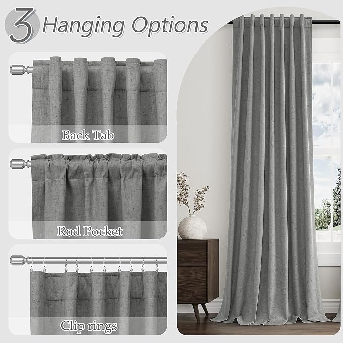 Guken Dark Grey 100% Blackout Linen Curtains 102 Inch Length 2 Panels Set - Image 6