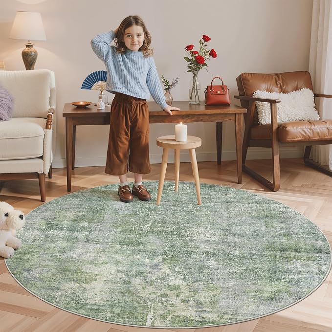 Soalmost 5x5 Green/Ivory Round Rug 5ft Living Room Circle Rug Vintage Round by Soalmost
