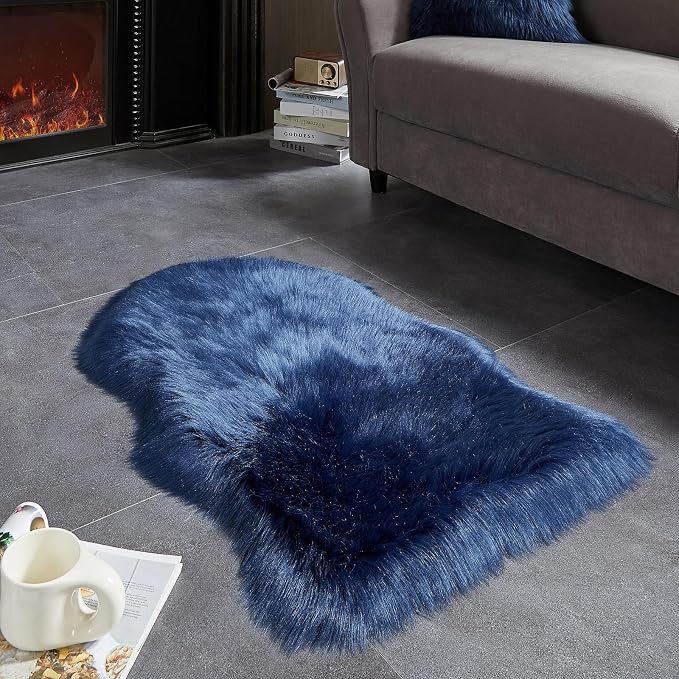 AMTOVO Faux Fur Rug, Dark Blue Small Area Rug, Fluffy Sheepskin Rug, Fuzzy - Image 4