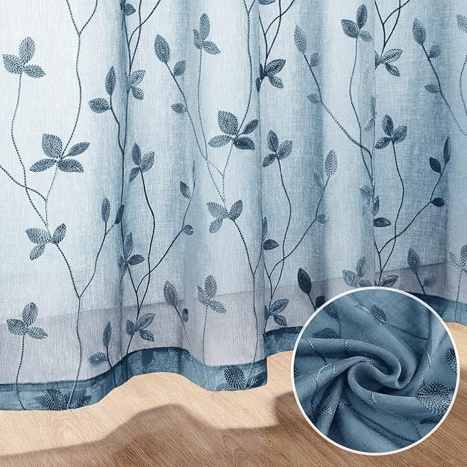 HOMEIDEAS Cyan Blue Sheer Curtains 52 X 63 Inches Length 2 Panels Embroidered - Image 3