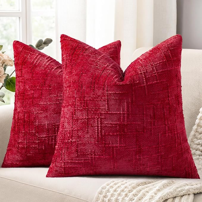 decorUhome Red Chenille Throw Pillow Covers 18x18 Set of 2 Textured Soft Cozy by decorUhome