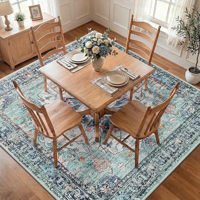 RELEANY Area Rugs Square 7ft Washable Non-Slip, Floral Vintage Distress Print by RELEANY