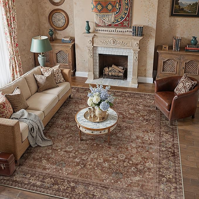 8x10 Brick Red Vintage Floral Washable Area Rug - Image 3