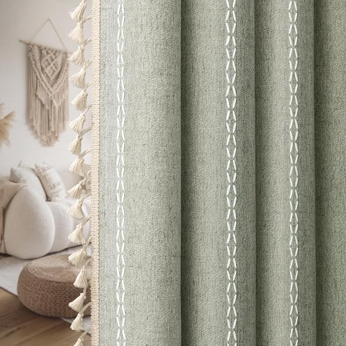 Boho Blackout Curtains 72 Inches Long Sage Green Linen Blend 2 Panels - Image 8