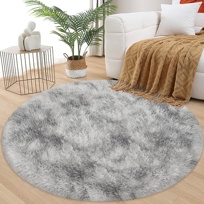 4x4 ft Tie Dye Grey Round Rug for Bedroom Room Fluffy Circle Rug Furry Carpet - Image 3