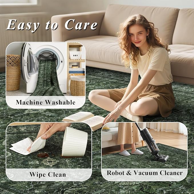 Schweek Green 6x9 Area Rug Non-Slip Washable Neutral Rugs - Image 7