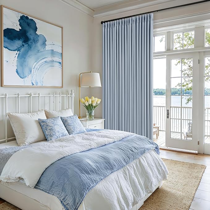 Light Blue Linen Blackout Linen Pleated Dual Layer Curtains 90 Inches Long | - Image 7