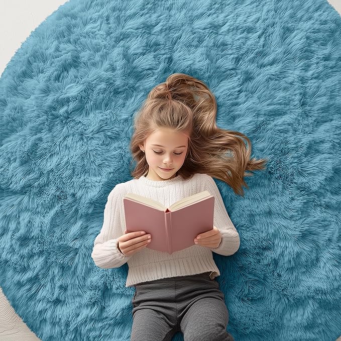 OLANLY Slate Blue Round Rugs for Bedroom by OLANLY