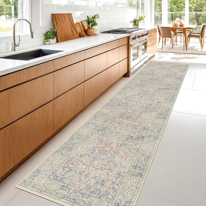 Hazo Haus Beige Blue Washable 2'6"x10' Wide Hallway Runners, Kitchen Runner Rug - Image 3