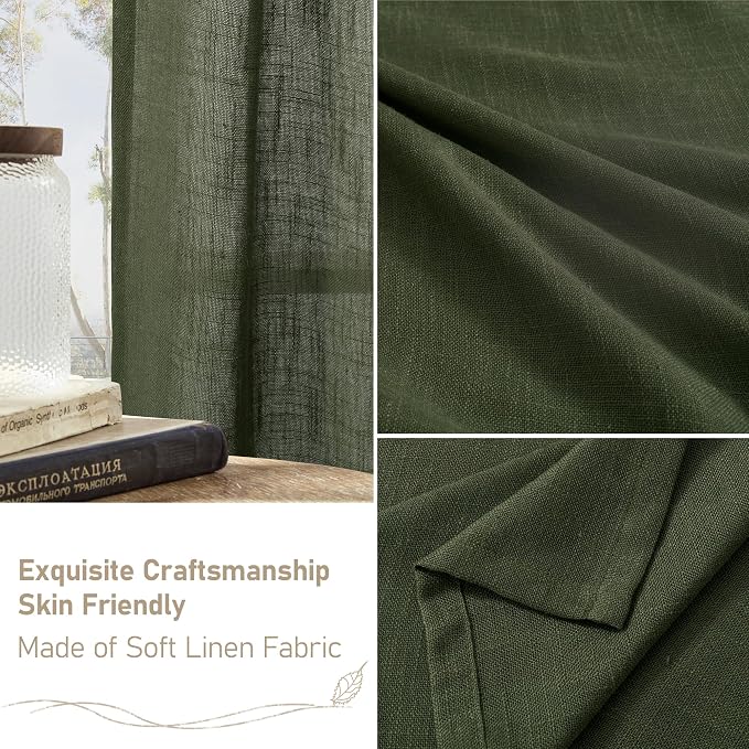 LAMIT Olive Green Linen Kitchen Curtains 24 Inch Length, Semi Sheer Light - Image 6