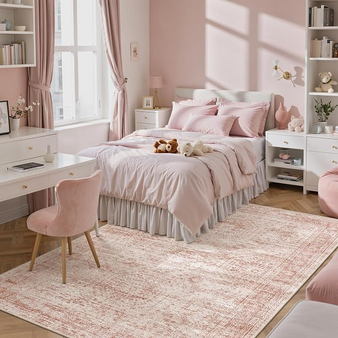 5x7 Area Rugs Pink Low Pile Indoor Washable Trendy Faded Style Rugs - Image 8