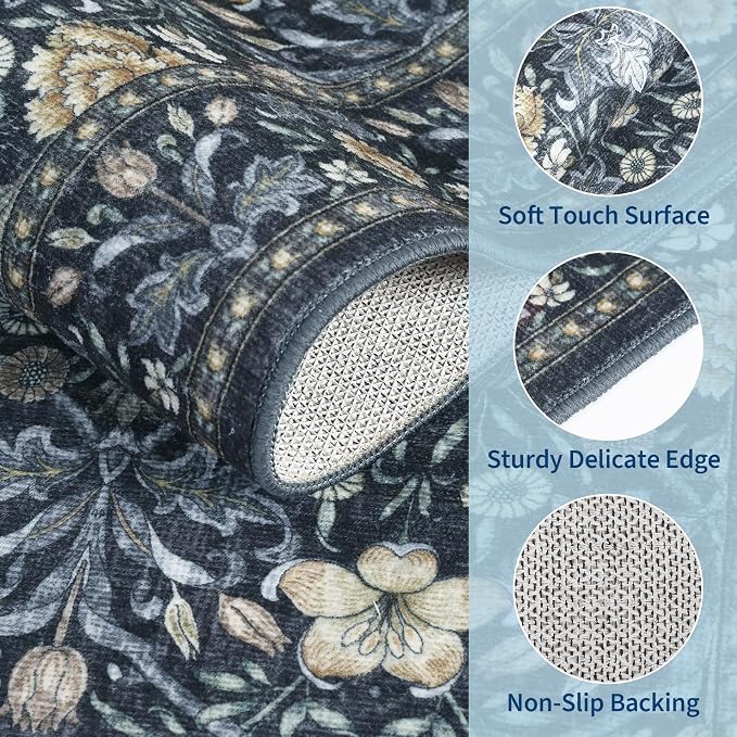 GarveeHome Washable Area Rug 5x7, Retro Floral Low Pile Non Slip Living Room - Image 4