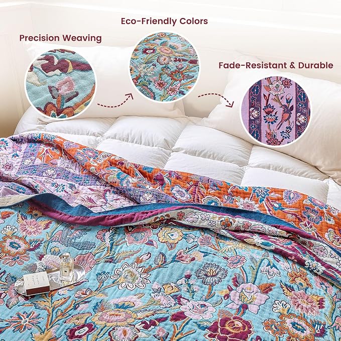 MSGKV Boho Throw Blanket for Bed 60"x80" 100% Cotton Couch Twin Size Floral - Image 3