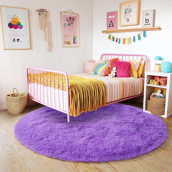 4'x4' Purple Round Rug for Bedroom, Ultra Soft Fluffy Circle Rug for Kids Girls - Image 2