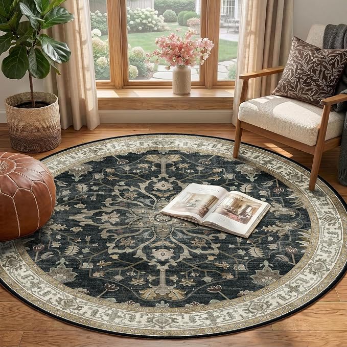 Area Rugs Round 4ft Washable Non-Slip, Floral Vintage Distress Print Pattern - Image 3