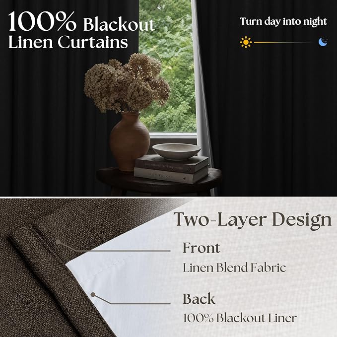 Dark Brown Pleated Double Layer Thick Linen Curtains 90 Inches Long | - Image 3