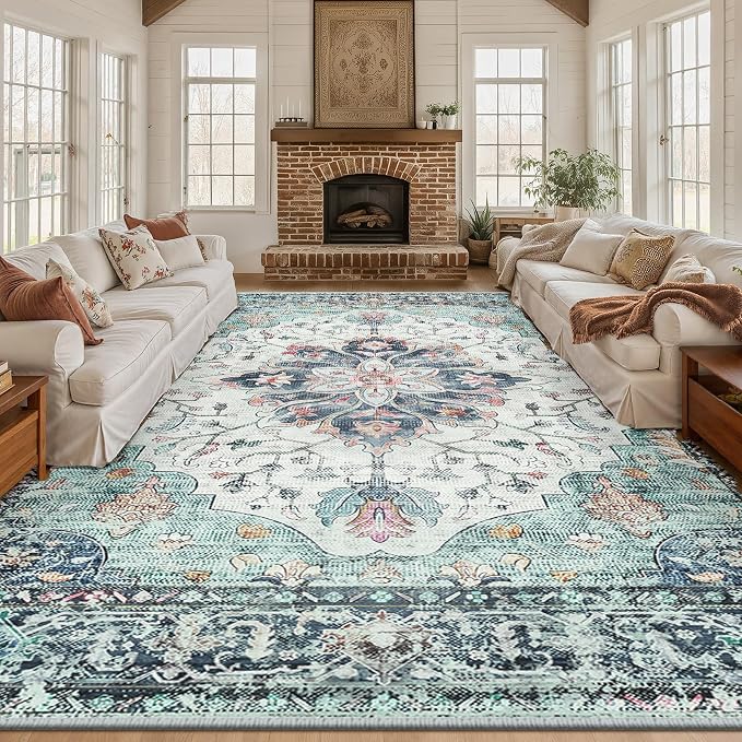 Area Rugs 10'x12' Washable Non-Slip, Floral Vintage Distress Print Pattern by RELEANY