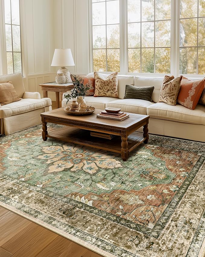 RELEANY Area Rugs 7'x9' Washable Non-Slip, Floral Vintage Distress Print by RELEANY