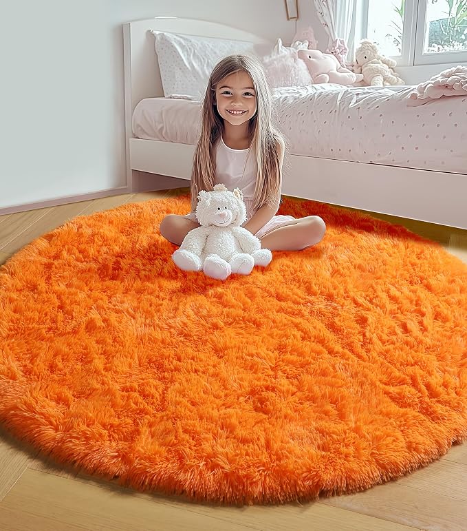 ONASAR Orange Round Rugs 5ft for Bedroom Living Room, Fluffy Circle Area Rug - Image 3