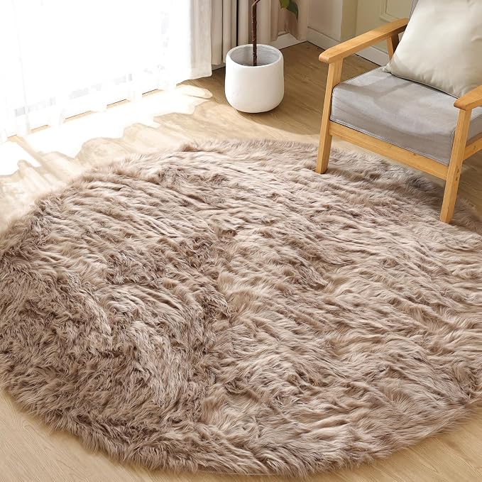 ORINOVA Beige Round Rugs 6ft Fuzzy Faux Sheepskin Washable Fluffy Fur Area Rugs - Image 2