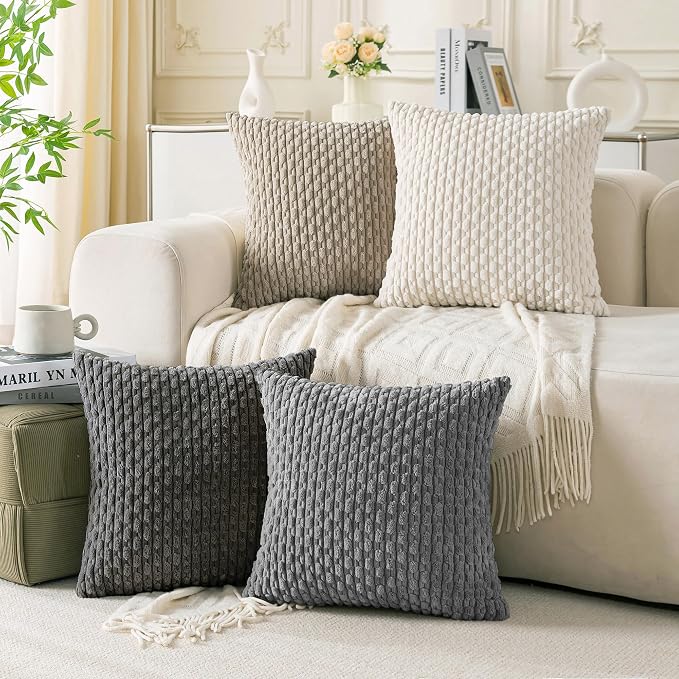 Set of 4 Grey White Taupe Decorative Throw Pillow Covers 20x20 Inch Corduroy by Cozoomy
