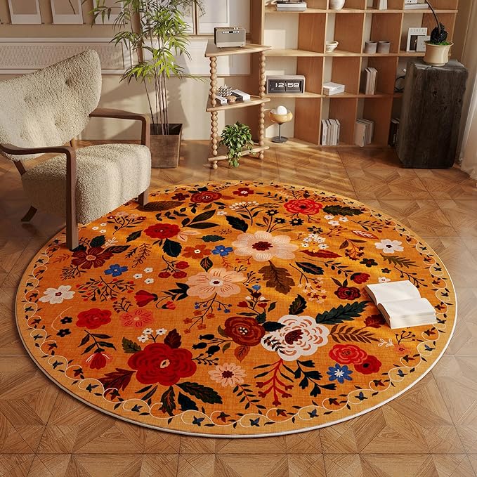 Rugcomf Round Rug 4ft Washable Circle Rug Non Slip Low Pile Boho Floral Small by Rugcomf