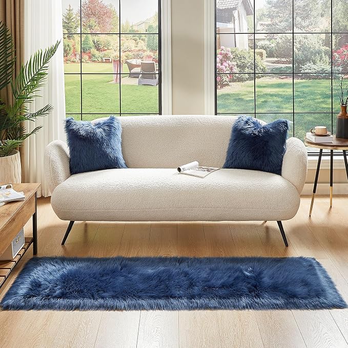 AMTOVO Faux Fur Rug, Dark Blue Ultra Soft Fluffy Shag Sheepskin Rug, 2 x 6 ft - Image 2