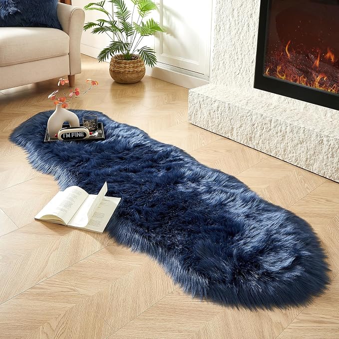 AMTOVO Faux Sheepskin Rug, Dark Blue Ultra Soft Fluffy Shag Area Rug, 2 x 6 ft - Image 7
