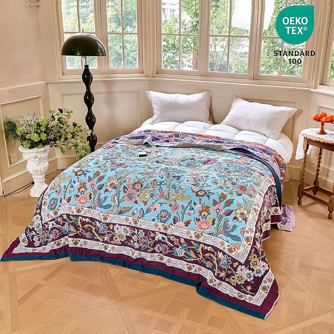 MSGKV Boho Throw Blanket for Bed 60"x80" 100% Cotton Couch Twin Size Floral - Image 6