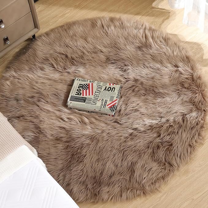 ORINOVA Beige 3ft Round Fluffy Shaggy Rug Washable Soft Area Rug - Image 2