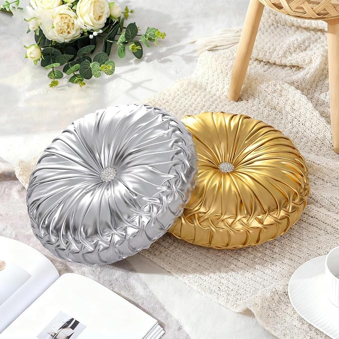 HIG Set of 2 Handcrafted Silver Ruched Round Throw Pillows – 14.5’’ Metallic - Image 8