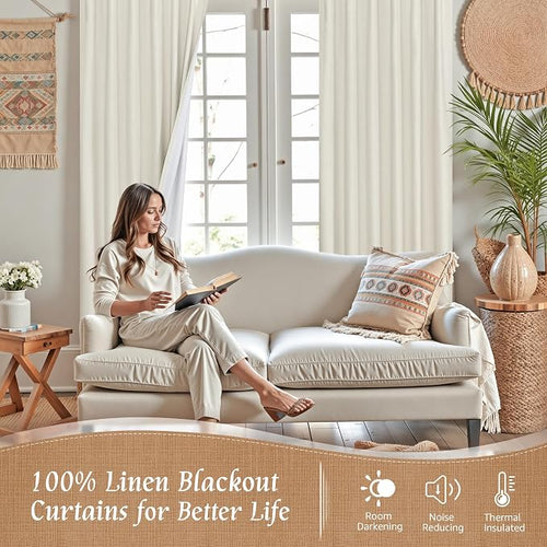 100% Blackout Linen Curtains 95 Inches Long 2 Panels, 60 x 95 Inch | Ivory - Image 2