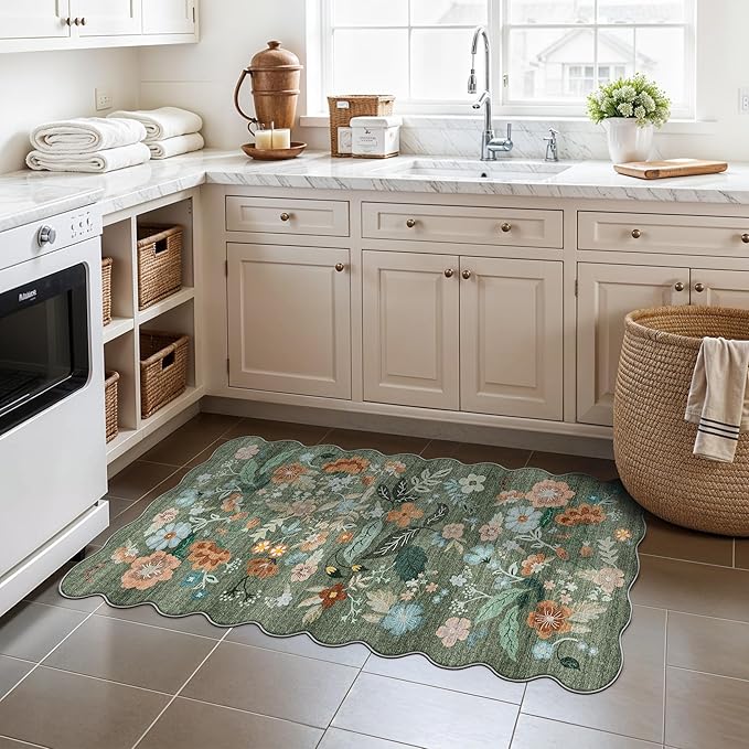 Washable Floral 2x4 Area Rug: Indoor Soft Scalloped Carpet - Image 5